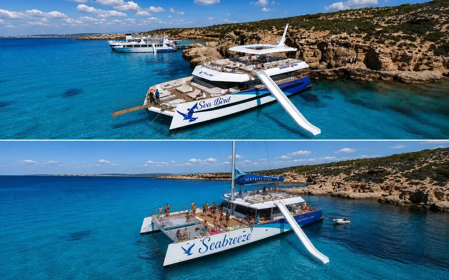 A catamaran moored in the Blue Lagoon at Comino, Malta
